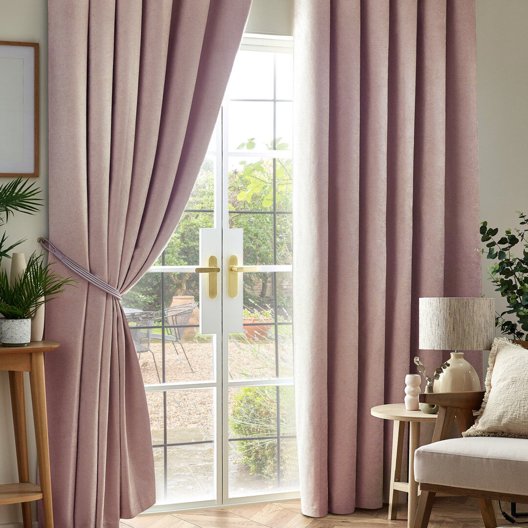 17 Stories Eilfried Chenille Pencil Pleat Taped Top Curtains Pink 229cm Width x 229cm Drop