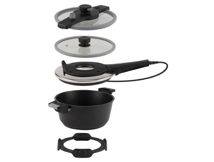 REMOSKA Tria 610 W 3 in 1 Topf mit 3 Tellern Backen Garen Schmoren Dünsten Garen unter mittlerem Druck Grau