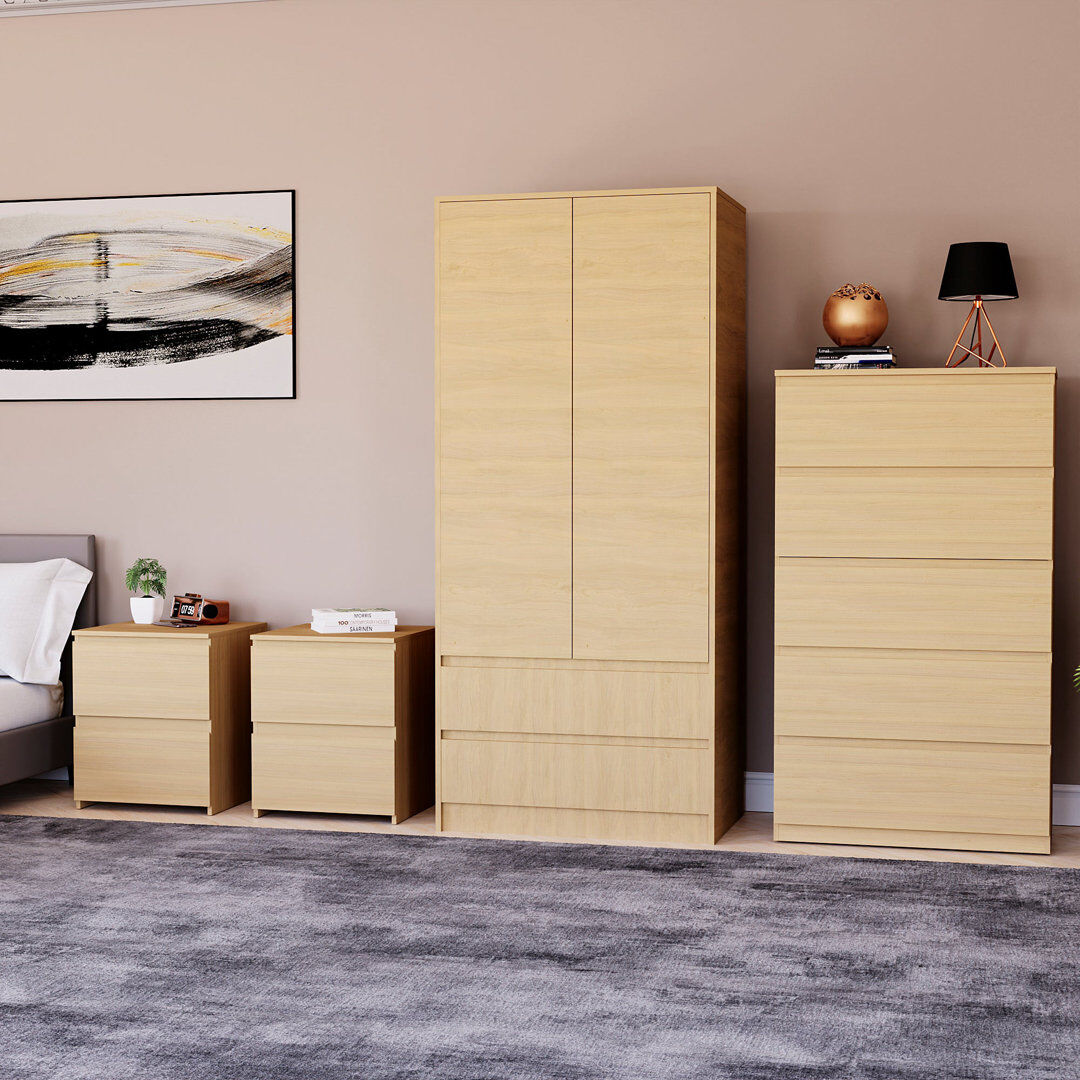17 Stories Tanino 4 Piece Bedroom Set (2 Drawer Large Bedside Chest, 5 Drawer Chest, 2 Door 2 Drawer Wardrobe), (6) Beige