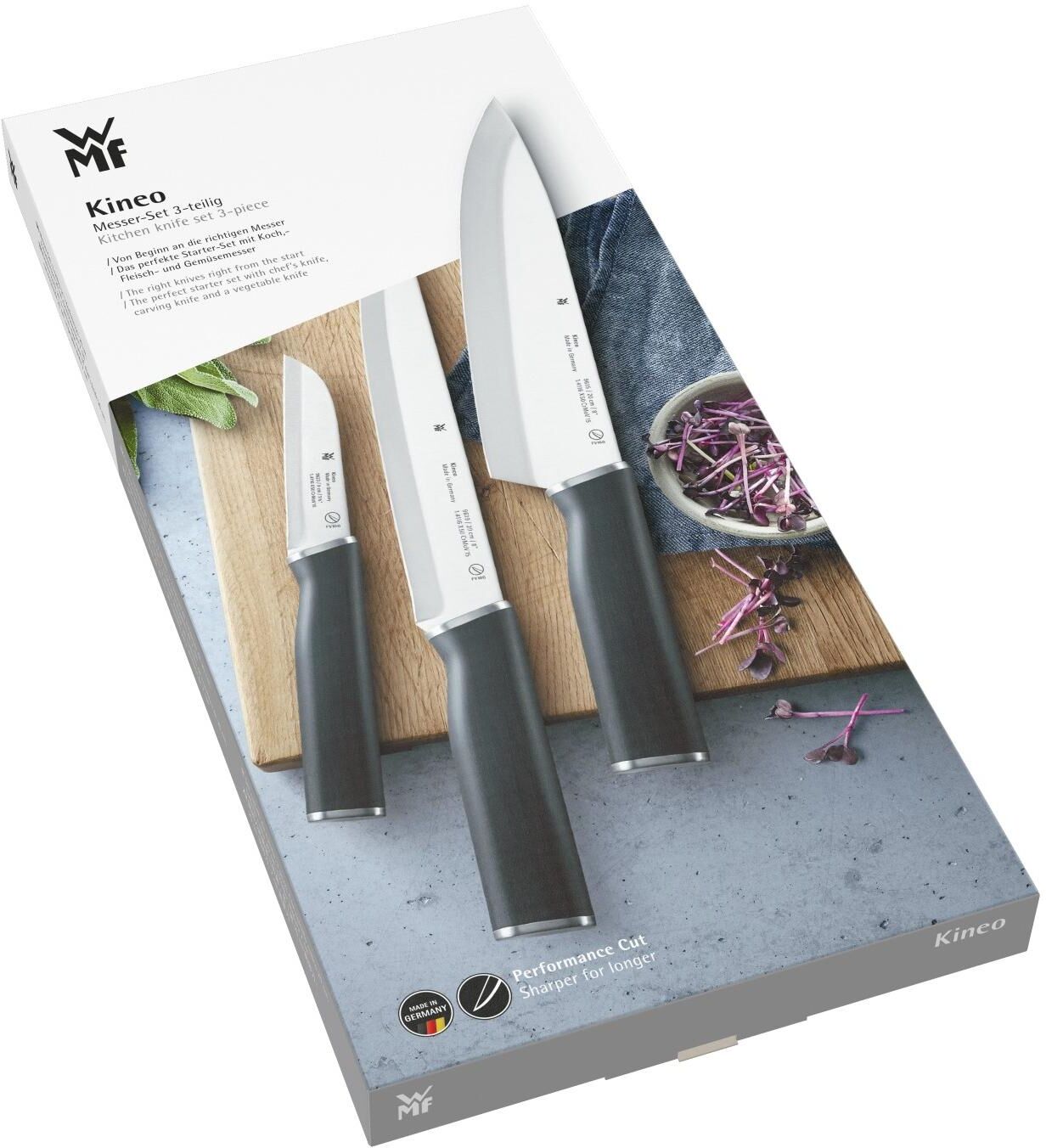 Messer-Set WMF "Kineo 3-teilig", schwarz (edelstahlfarben, schwarz), Edelstahl, Kunststoff, Kochmesser-Sets, Messer-Set edelstahlfarben, schwarz Einheitsgröße
