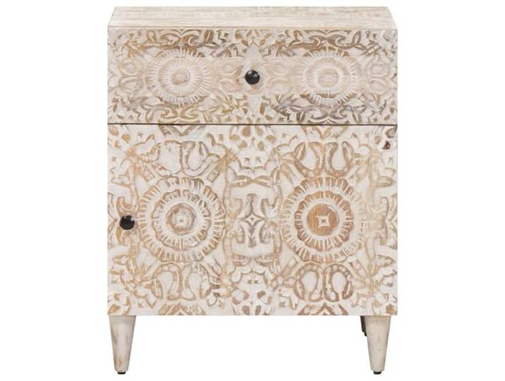 KTHLBRH Weißer Bettschrank 50 x 33 x 60 cm Massives Mangoholz, mit Schublade, kompaktes Design, Maserung i