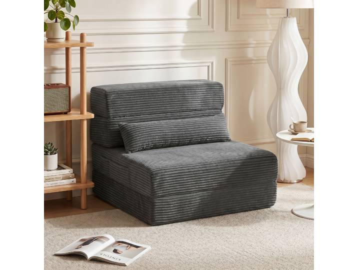 HOMCOM Fauteuil de Sol Velours Gris Canapé-lit Pliable Sans Armature