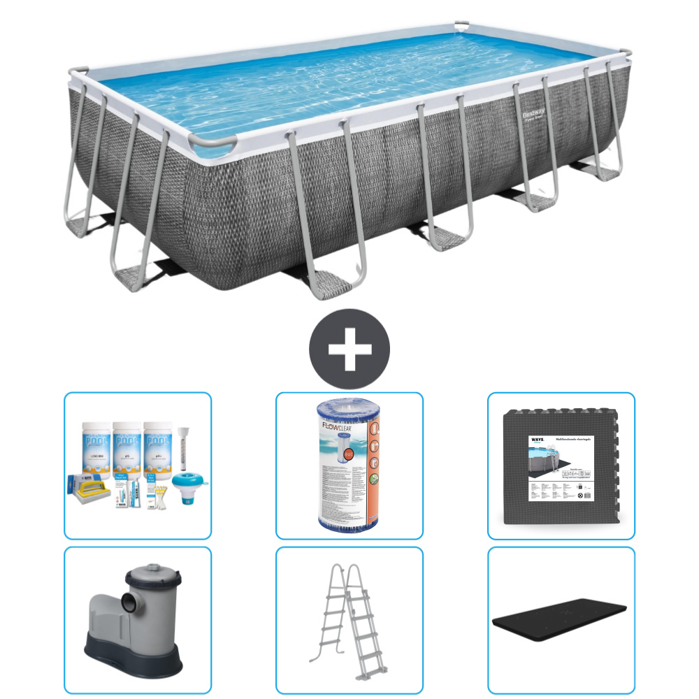 Bestway rechteckiges Power Steel-Schwimmbecken - Rattan-Druck - 549 x 274 x 122 - inklusive Pumpe - Leiter - Abdeckung Wartungspaket - Filter - Bodenfliesen