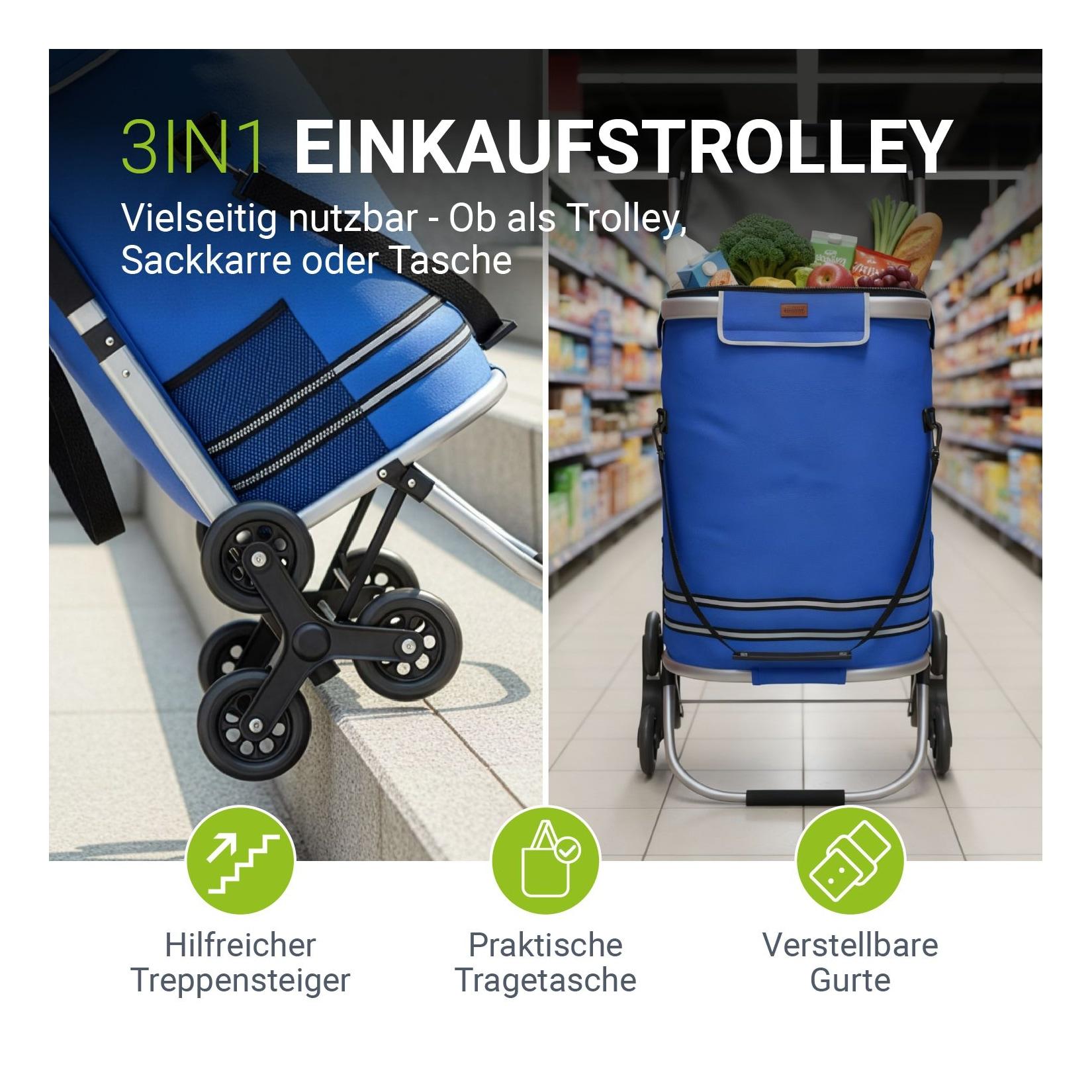 Juskys 3in1 Einkaufstrolley für Treppen - 56 L, modern & klappbar - Treppensteiger Trolley Dunkelblau
