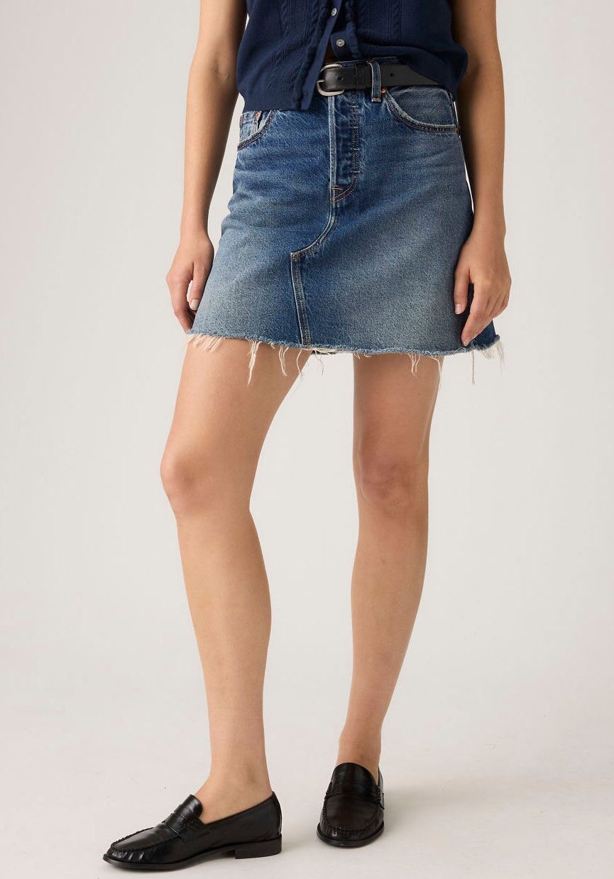 Jeansrock LEVI'S "DECONSTRUCTED SKIRT H1'26", Damen, Gr. 27, blau (free lunch skirt), Web, Obermaterial: 100% Baumwolle, unifarben, regular fit ca. Mitte Oberschenkel, Röcke Jeansrock, im Five-Pocket Style free lunch skirt 27