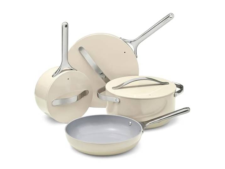 Caraway Antihaft-Kochgeschirr-Set aus Keramik, 12-teilig, Töpfe, Pfannen, Deckel und Küchenaufbewahrung, ungiftig, PTFE- und PFOA-frei, Elektro und Induktion), cremefarben