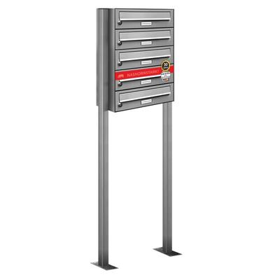 AL Briefkastensysteme 5 Fächer Premium Edelstahl Stand Briefkasten Anlage für Post A4 modern, robust, wetterfest, Artikelnummer: 132T5S1
