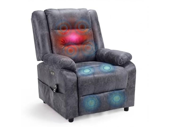Elektrischer Fernsehsessel mit Aufstehhilfe, Liegefunktion, Massage, 200 kg Relaxsessel elektrisch, Sessel mit Aufstehhilfe für Senioren, Liegefunktion 165°, 3 Vibrationsmodi, Wärme, Grau Flockleder
