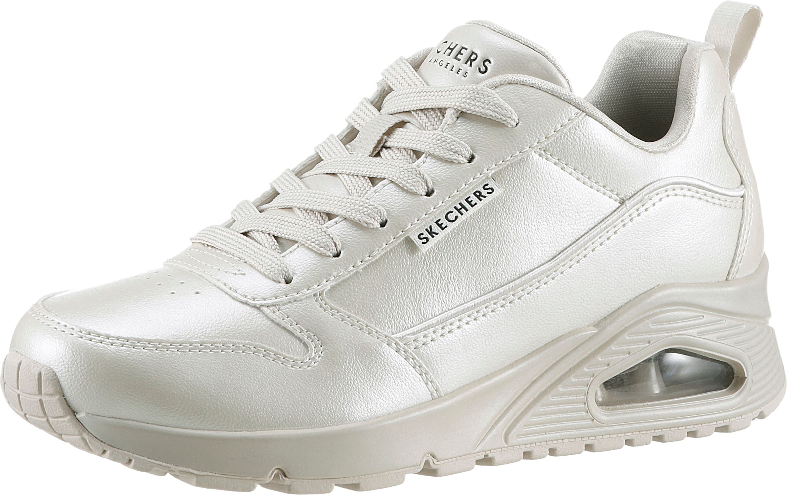 Sneaker SKECHERS "UNO-GALACTIC GAL", Damen, Gr. 41, Textil, weiss (sanftes weiß), Lederimitat, metallic, schimmernd, Schuhe Sneaker, Freizeitschuh, Keilsneaker, Schnürschuh mit Skech Air Ausstattung sanftes weiß 41, Textil