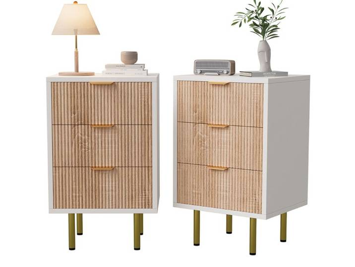 Table de chevet - LUMINARIX - Lot de 2 - 3 tiroirs - Blanc + bois - Moderne