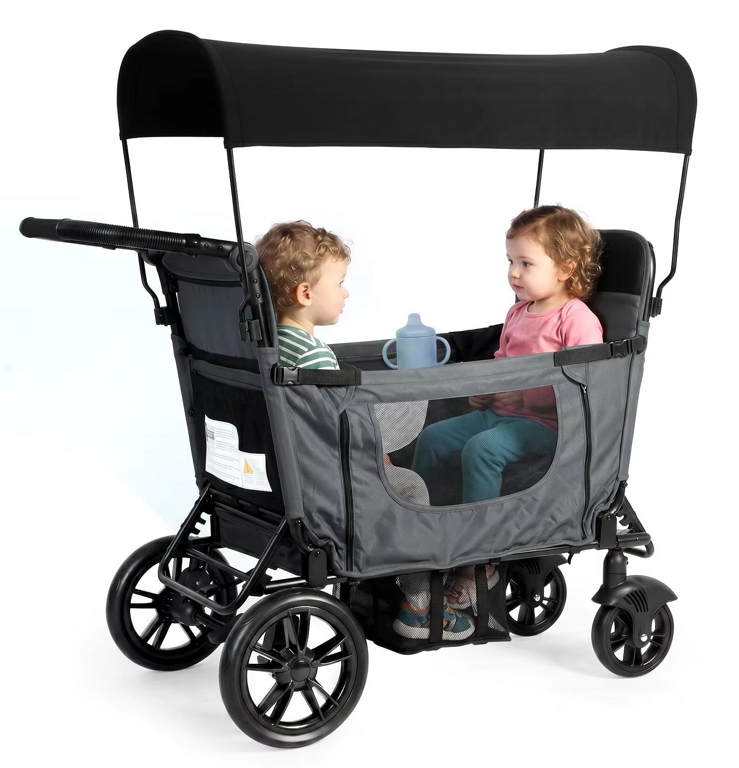 Kinderwagen mit Sitz - Faltbarer Wagen für 2 Kinder - 20 kg Tragfähigkeit - Edelstahlrahmen - Sitz als Bett umwandelbar - Dunkelgrau