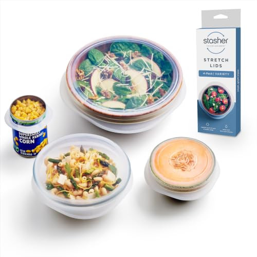 Stasher Premium herbruikbare siliconen stretch deksels 4-pack, helder, 22,8 cm, 16,5 cm, 11,4 cm, 6,4 cm, luchtdicht en BPA-vrij