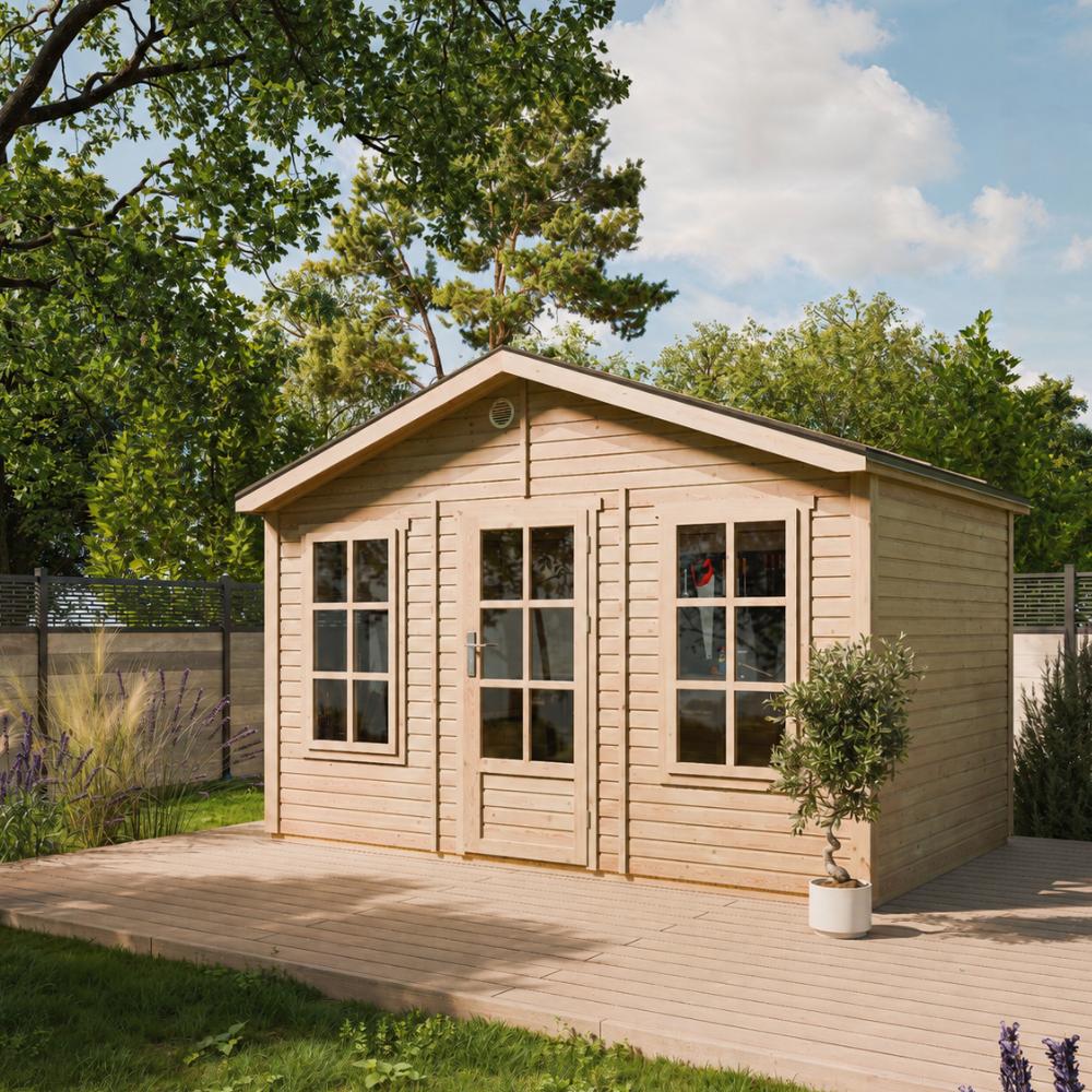 TIMBELA M734+M734G Gartenhaus Holz 370x240 cm, Gerätehaus aus Holz mit 2 Fenstern aus gehärtetem Glas, Glastür, Gartenhütte mit Bitumenschindeln, mit Boden