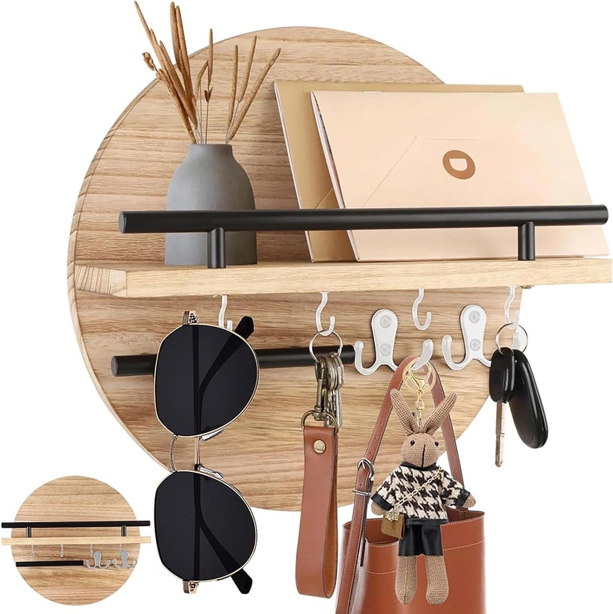 Houten Sleutelrek Lichtbruin met Opbergruimte en Vintage Design - 30 x 12 cm