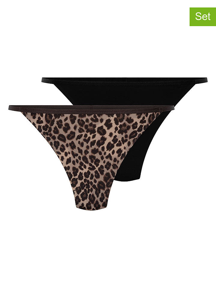 Hunkemöller 2er-Set: Strings in Schwarz/ Hellbraun - M