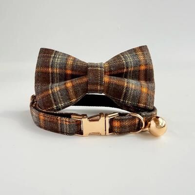 Uplifted Finds Elegant Tweed Check Cat Collar With Pearl Charm orange Collar Bow l