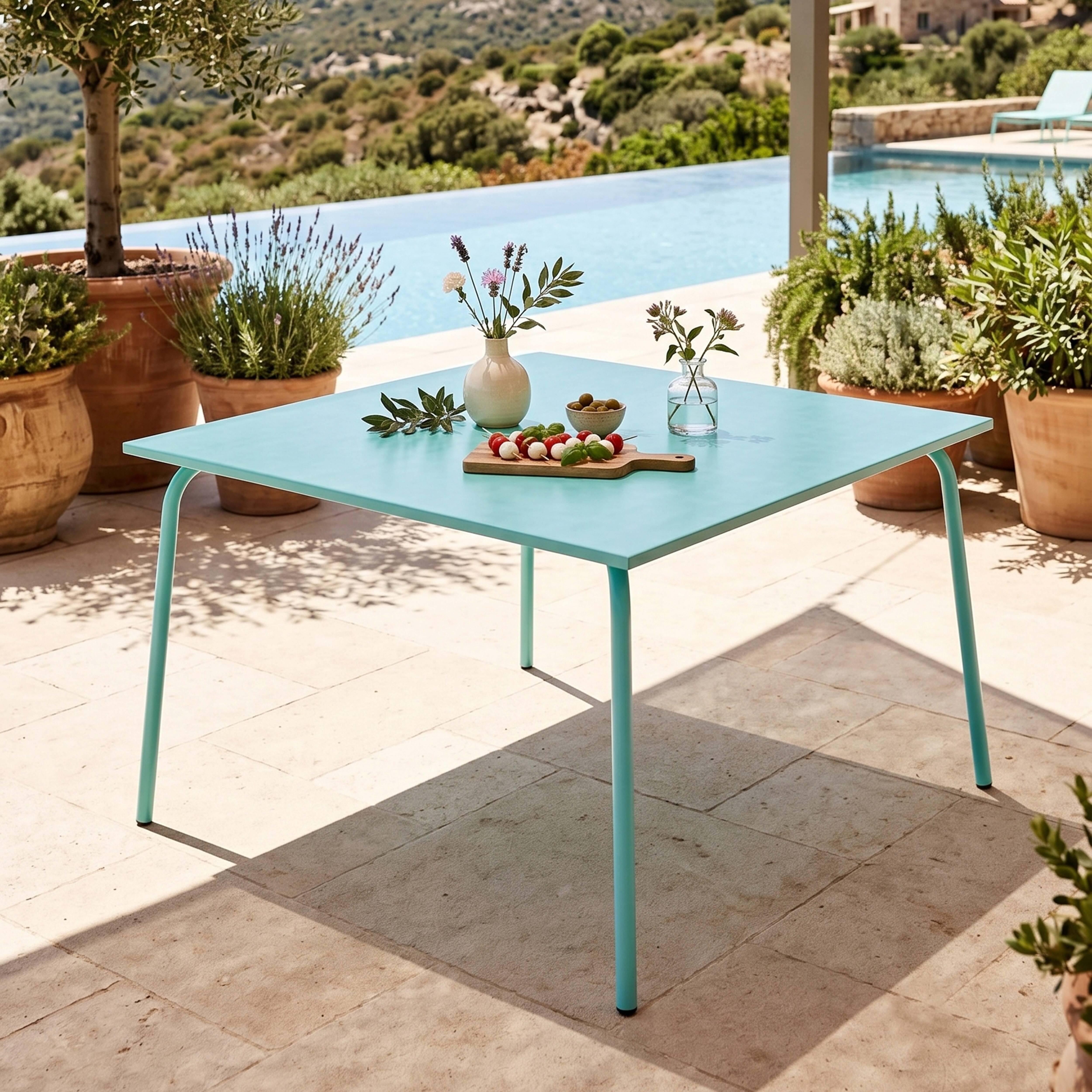 Quadratischer Gartentisch aus Metall Türkis - Oviala Palavas