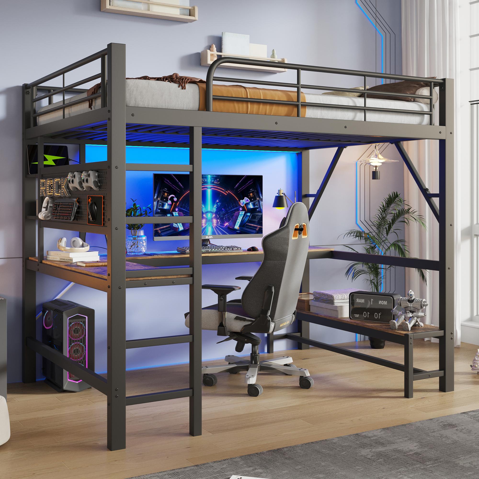 Flieks Etagenbett 160x200cm mit Leiter und Lochbrett, Hochbett mit Schreibtisch und Geländer, Jugendbett mit LED-Lichte und Steckdose, Schwarz, Metall