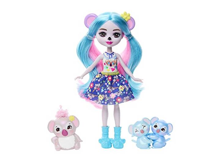 ​Enchantimals Poppen, Chic Feestje, Karalee Koala Pop, vriendje Bloke en 2 andere vriendjes, kleine pop met rok (die aan en uit kan) en accessoires, cadeau voor kinderen HNT61