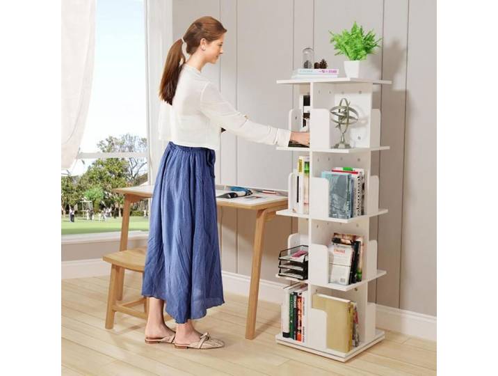 Bibliothèque Rotative 360° à 4 Niveaux en MDF - LVHCMFOHM - Étagère avec 16 Compartiments pour Livres - 40x40x130 cm - Blanc