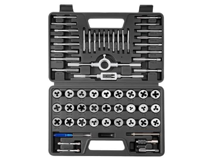 VEVOR Coffret de Tarauds et Filières\, 60 Pcs\, Kit de Taraudage et Filetage Métriques M3 à M12 et Tailles SAE\, Filetage à Pas Gros et Fin\, Tourne-à-gauche\, Mallette de Rangement et Accessoires Complets