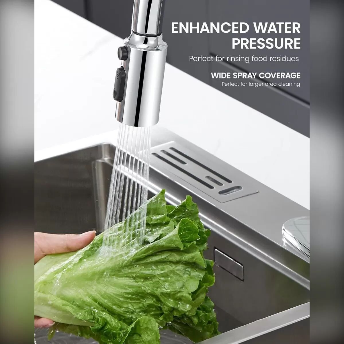 INF Schwenkbarer Wasserhahn-Aufsatz: Küchenarmatur-Verlängerung mit 3 Strahlarten & Anti-Spritz-Funktion Silber