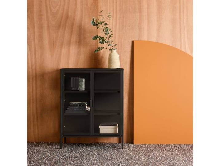 Armoire vitrine acier et verre trempé 2 portes 80cm noir