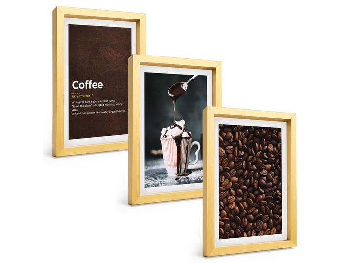Tulup Bilder SET 3er Set - 20x30 cm Goldrahmen - Kaffeegetränk mit Schlagsahne, Goldfarben, Kunststoff, Rechteckig, 20x30 cm, gerahmt, Bilder & Rahmen, Bilder