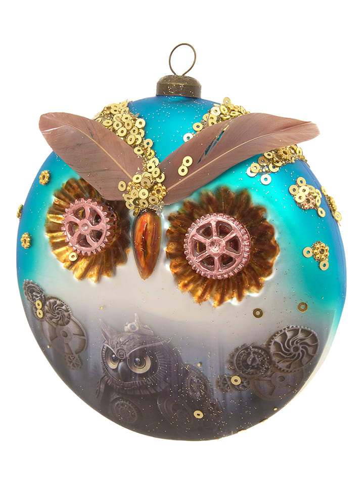 Krebs Glas Lauscha Christbaumornament "Steampunk Eule" in Silber/ Hellblau - Ø 12 cm - onesize