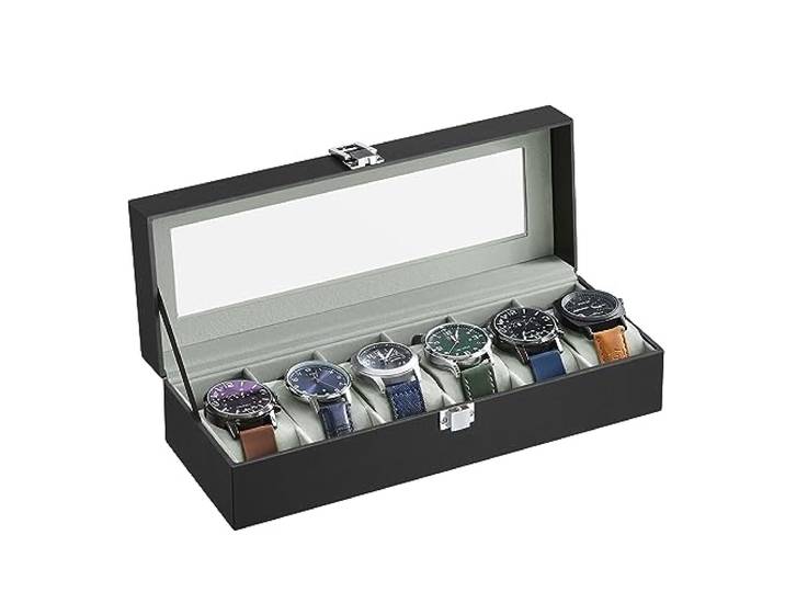 SONGMICS Uhrenbox mit 6 Fächern, Glasdeckel, herausnehmbare Uhrenkissen