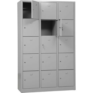 G-Office Schließfachschrank SHC.15, lichtgrau, 15 Fächer, Stahl, 119 x 190cm, mit Zylinderschloss