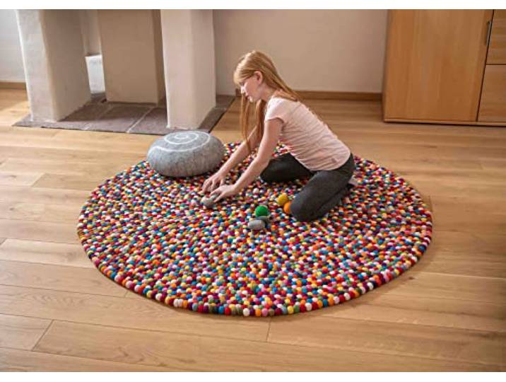 naturling Filzkugel Teppich Bunt 160cm - großer Spielteppich rund - 100% Schurwolle handgemacht (Bunt, 160 cm)