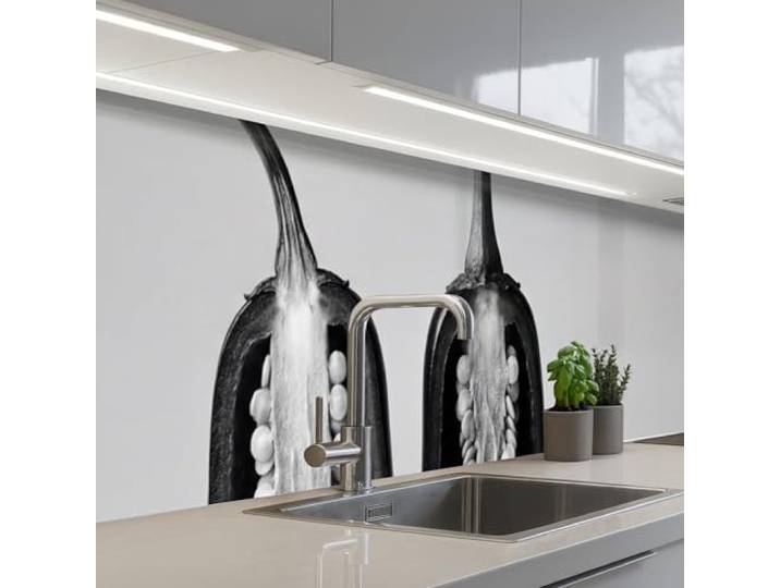 KitchenYeah© Spritzschutz Küchenrückwand Selbstklebend Küche Rückwand 80x400 cm - Küchenwand Wand Küchenfront Verkleidung Küchenspritzschutz Paprika - Schwarz - Weiß - Saatgutrahmen