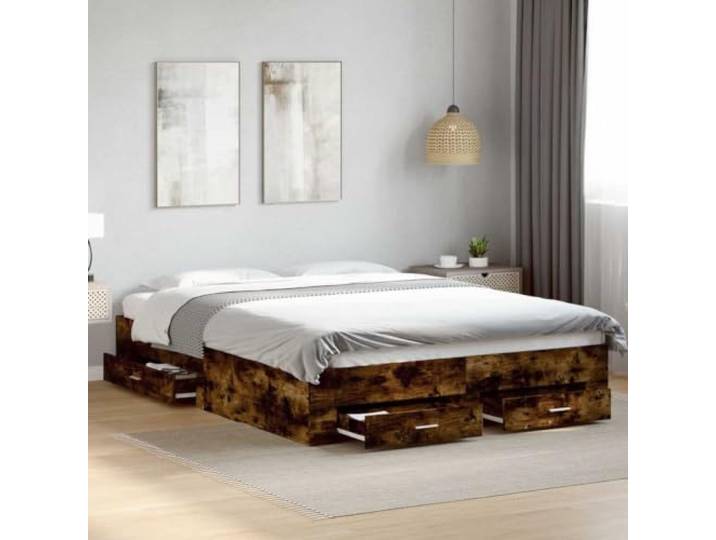 RJPLMFV Bettgestell mit Schubladen, Eiche Rauchgrau, 140 x 200 cm Ohne Matratze, Holz, Lattenrost inklusive, integrierte Aufbewahrung