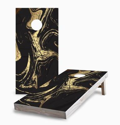 Skip's Garage Black and Gold Marble Corn Hole Board Set with Hole Lights
