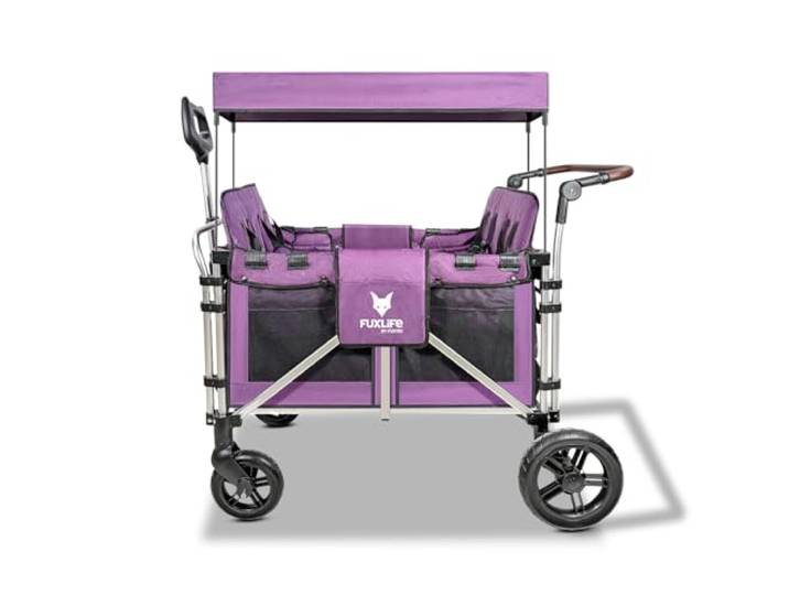 FUXLIFE XL Bollerwagen FX-CTXL900 Purpur Faltbar 4-Sitzer Dach Erhöhte Doppelsitze, Gurte Grosser Innenraum Vollgummireifen gefedert Kompaktes Klappmass UV-Sonnenschutz Robust
