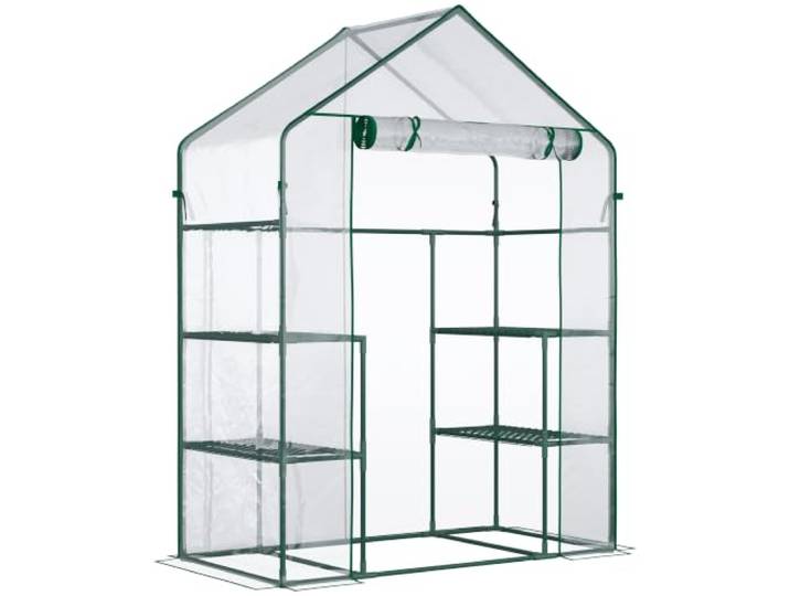Outsunny Foliengewächshaus mit 6 Regalen 142 x 73 x 195 cm Transparent Begehbares Gartenhäuschen, Tomatengewächshaus, Treibhaus, Frühbeet, Mittelgroß, Stahl, PVC-Kunststoff