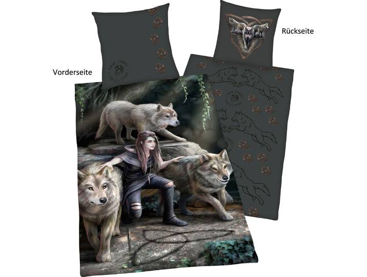 Wendebettwäsche ANNE STOKES Anne Stokes , grau, B/L: 135cm x 200cm, 1 Stk., 1 Stk., Renforcé, B/L: 80cm x 80cm, Renforcé, Obermaterial: 100% Baumwolle, Bettwäsche, Wendebettwäsche, mit tollem Wolf Motiv
