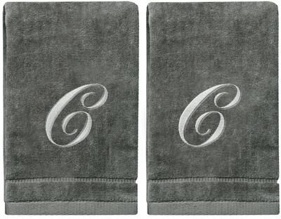 Creative Labs Soft Velour Silver Monogrammed Towels Fingertip - Set of 2