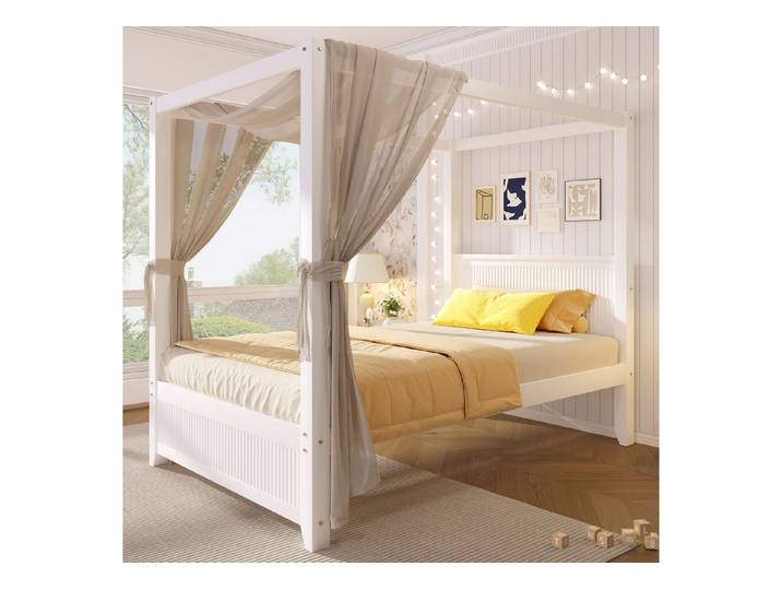 HAUSS SPOLE Himmelbett 90x200 Jugendbett mit Matratze,Kinderbett mit Lamellen-Optik,Weiß (Holzbett Kinder- und Jugendbett mit dekorativer Rahmenstruktur), mit Matratze