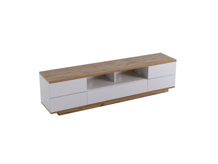 ComfortXL Lowboard De-40566 5 Türen mit Gitterdesign und Holzmaserung Weiß, 180x46x38 cm, Wohnzimmer, TV Möbel, Lowboards, Lowboards stehend