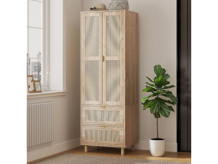 HOMCOM Armoire 2 Portes Rotin 2 Tiroirs Bois 63x47x185cm