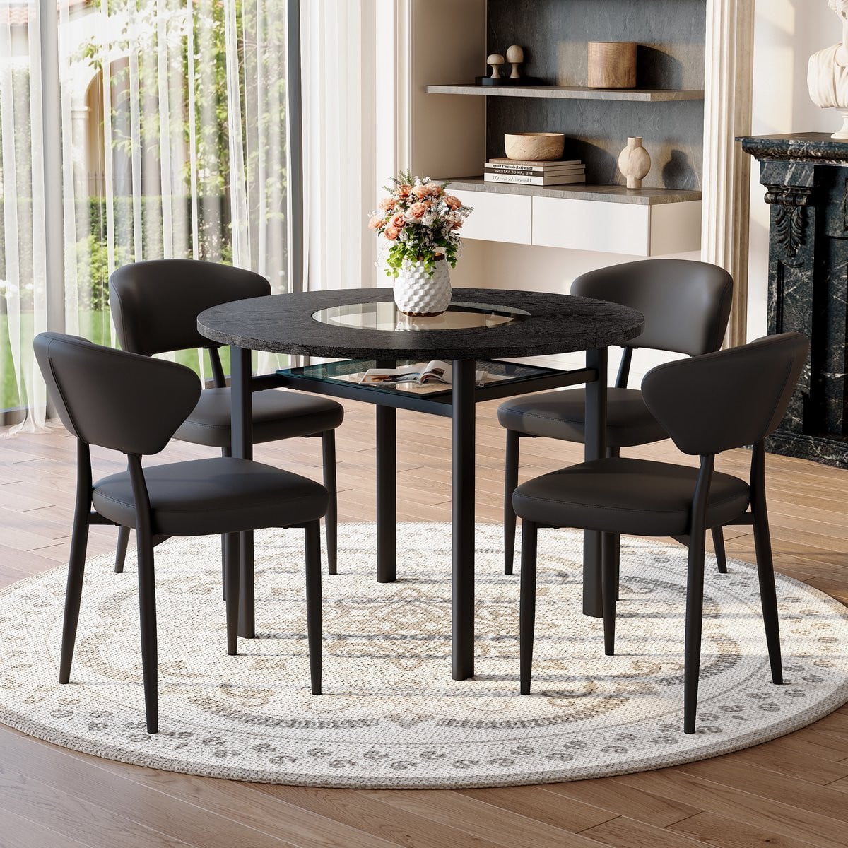 MODFU Ronde Eethoekset met 4 Stoelen en Glasinleg - Zwart - Diameter: 100 cm