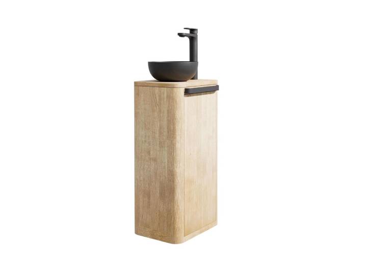 Ensemble lave-mains totem en chêne massif avec vasque et robinet noir