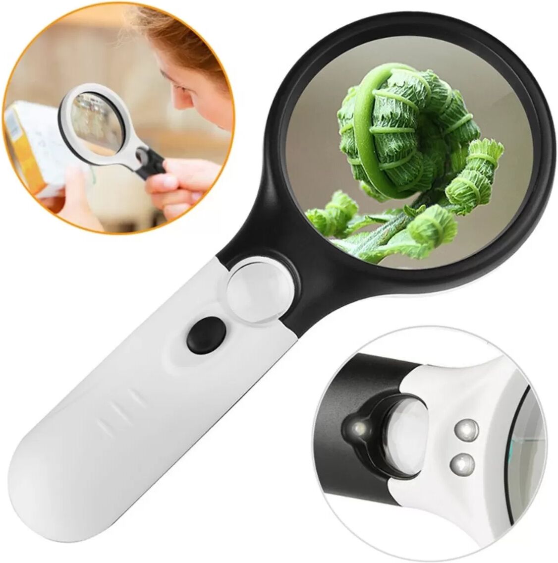 INF Loupe à main 3x avec 3 LED - Loupe éclairée blanche, poignée en caoutchouc, cadre PP