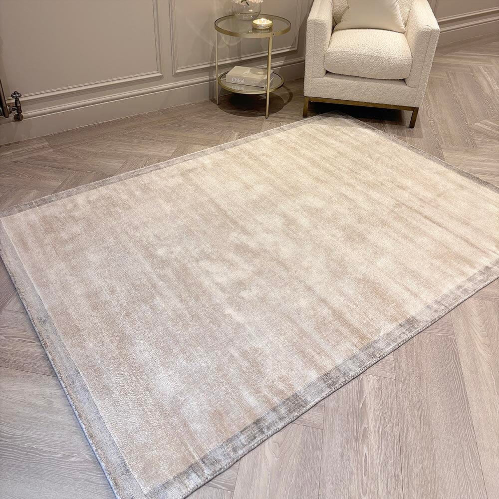 Ryley Cream Viscose Rug with Silver Border, 200x200cm