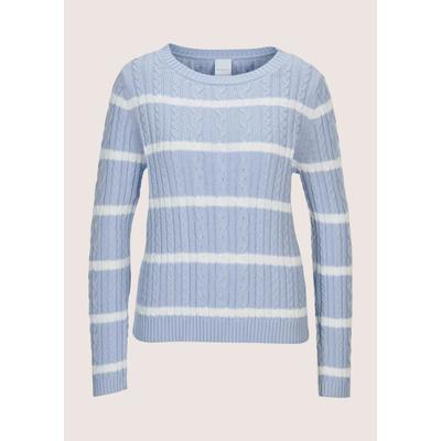 Longpullover MADELEINE "Strickpullover Moderner Baumwollpullover mit Zopfmuster und Ringel-Design", Damen, Gr. 40/42, weiß (bleu, wollweiß), Obermaterial: 100% Baumwolle CO., Modern, Pullover Longpullover, Kontraststreifen
