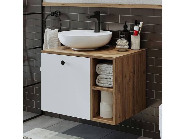 Meuble suspendu 1 tiroir + vasque ronde RAI - Pin et blanc