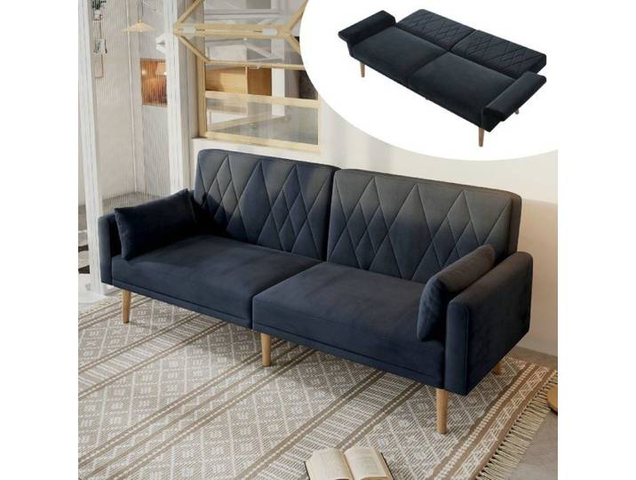 Canapé 2 places - LANGTU - Petit canapé - Tissu velours - Convertible - Noir - 180x75x82 cm