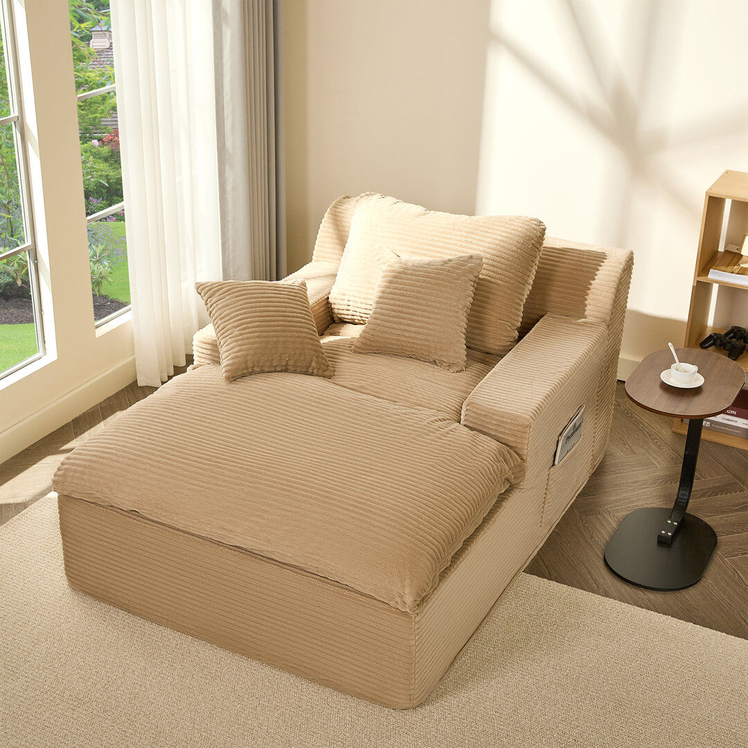 Brayden Studio Corduroy Chaise Lounge Chair with Removable Washable Cover, No Assembly, Anti-Slip Base for Living Room & Bedroom Camel 70cm H X 110cm W X 160cm L